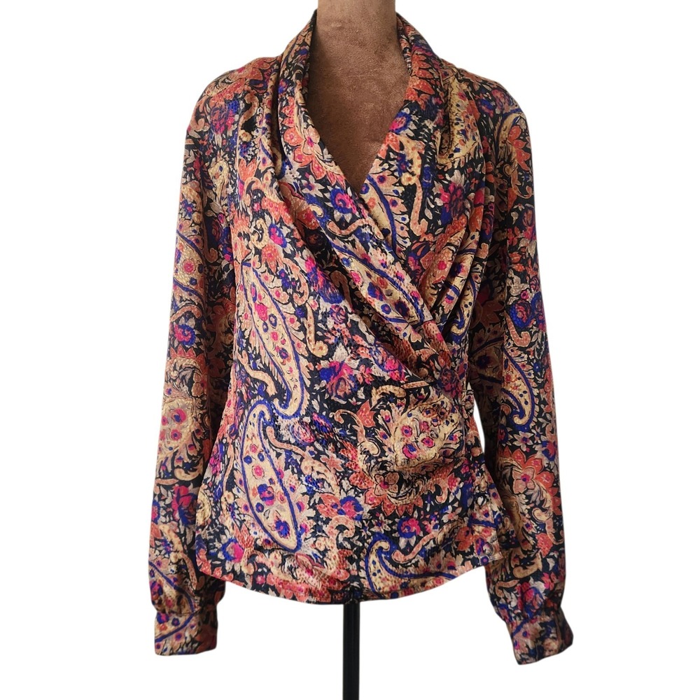 Vintage Nicola Blouse Size 8 Wrap Front Colorful Long Sleeves Satin‎ Top Womens